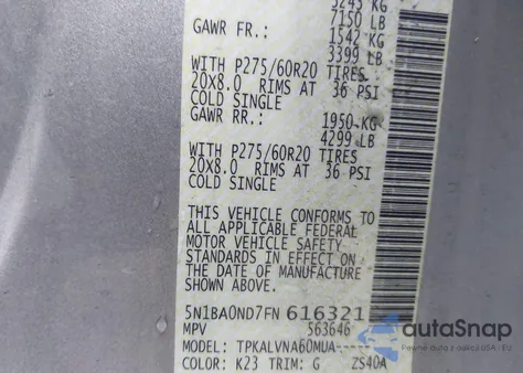 2015 Nissan Armada Sl z USA, uszkodzony, nr VIN 5N1BA0ND7FN616321